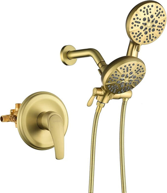 Dual Shower Faucet Set with Valve High Pressure Dual 2 in 1 Shower Combo Set Shower System with Handheld Showerhead 3-way Water Diverter Shower Trim Kit Brushed Gold