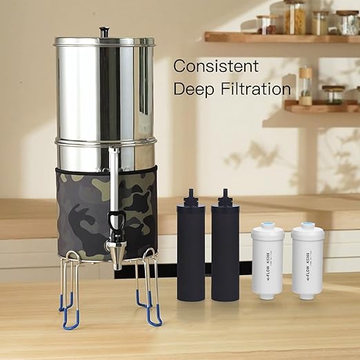 Gravity-Fed Water Filter System, NSF/ANSI 42&372 Standard, 2.25G Stainless-Steel Countertop System with 2 Black Elements, 2 Fluoride, Metal Water Level Spigot, Reduces Fluoride and Chlorine