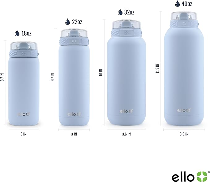 Ello Cooper 40oz Stainless Steel Water Bottle with Straw and Carry Handle, Double Walled and Vacuum Insulated Metal, Leak Proof Locking Lid with Soft Silicone Spout, Reusable, BPA Free, Halogen Blue