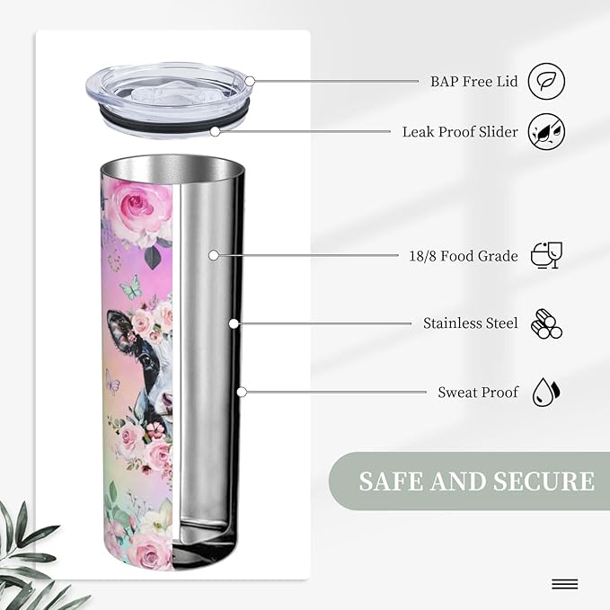 Skinny Tumbler Gift For Men Women, Cow Print Gifts For Women Funny Cow Print Tumbler Cup With Straw Lid 20 Oz,Pink Rose Cow Reusable Stainless Steel Insulated Vacuum Slim Travel Coffee Mug