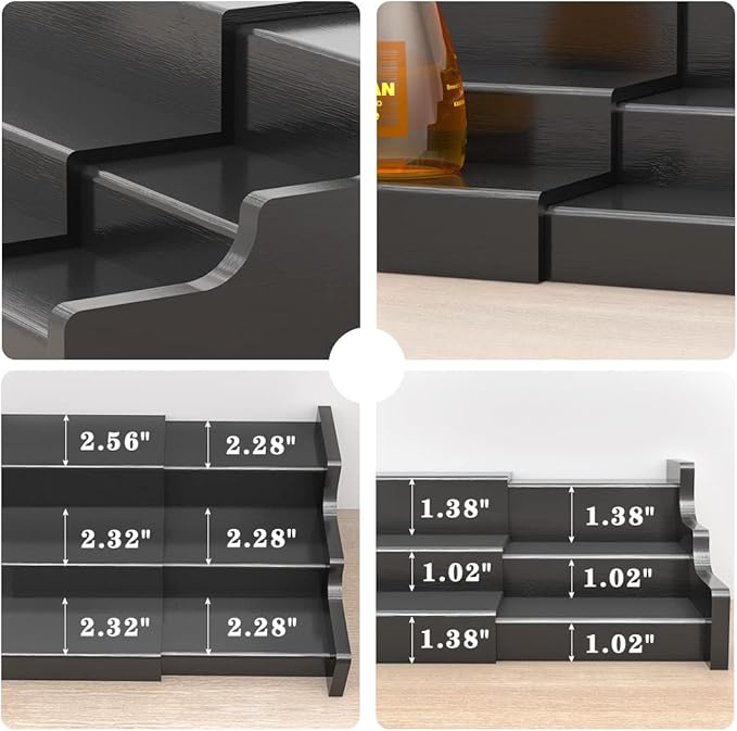 Spice Rack Organizer For Cabinet - 3 Tier Black Bamboo Wooden Expandable Display Shelf from 12.70 to 22.20 inch
