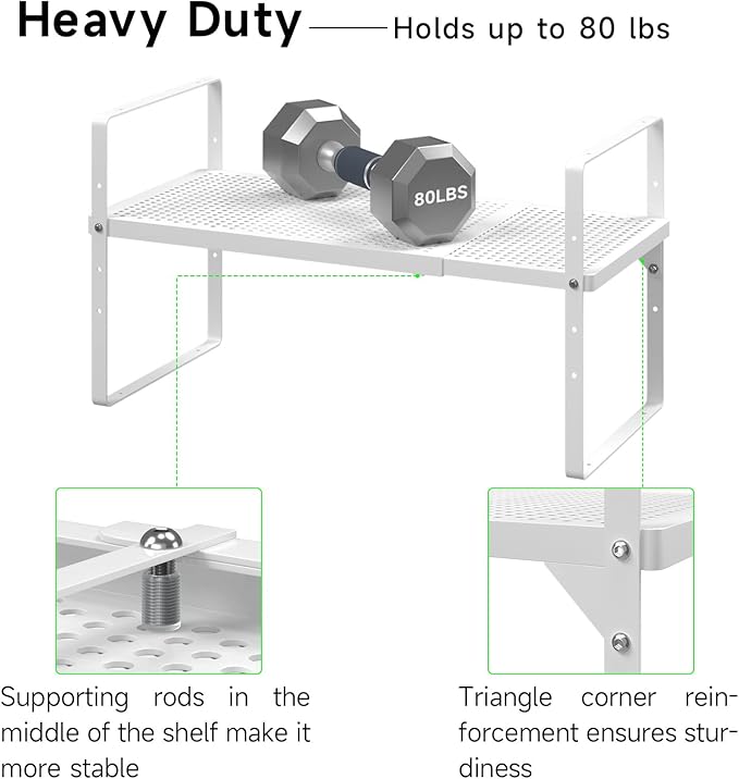 Expandable Cabinet Storage Shelf Stackable Organizer Rack for Kitchen Bathroom Pantry Spice Cupboard Coffee Countertop Home Office Desk Heavy Duty Nonslip White Small 2 Packs