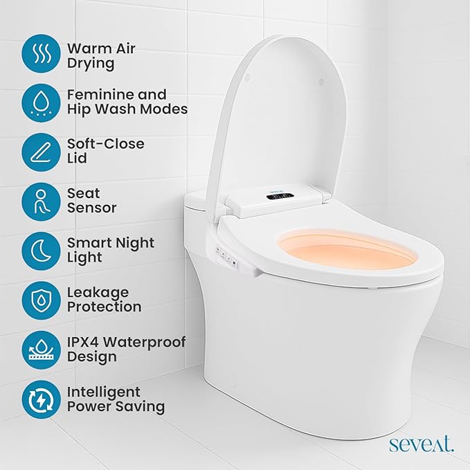 Electric Heated Bidet Toilet Seat–Instant Warm Water & Dryer, Feminine & Front Rear Wash, Wireless Remote, Self-Clean Nozzle, Slow Close Lid, Temperature Display, Energy Saving Mode (Rounded)