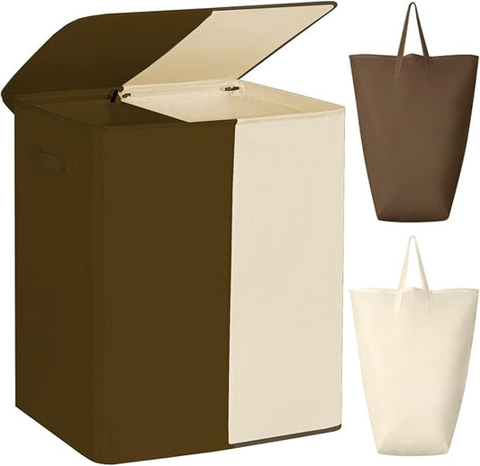 WOWLIVE Double Laundry Baseket with Lid and Removable Laundry Bags,154L Large Laundry Hamper 2 Section Collapsible Dirty Clothes Hamper for Laundry Room,College Dorm,Bathroom,Brown and Beige