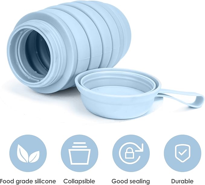 Collapsible 16 oz Water Bottle, Reusable Water Bottle, Portable Water Bottle, Pill Storage, Silcone Water Bottle, BPA Free, Vitamin Storage. (Blue)