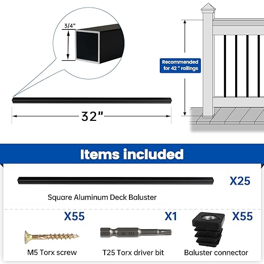 Muzata 25Pack 32" x3/4" Aluminum Deck Balusters Square Baluster Deck Railing Black Hollow Spindles with Screws for Railing Fencing Porch WT26