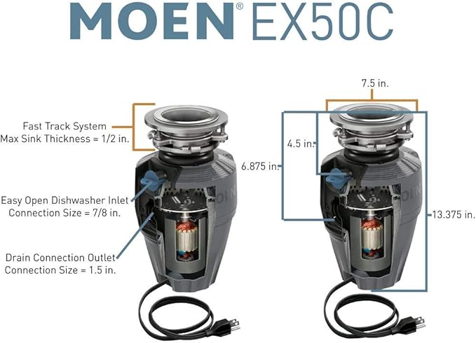 Moen Gray EX Series Prep Series 1/2 Horsepower Garbage Disposal, EX50C
