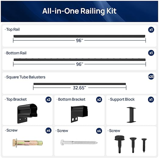 1 Pack 36 in. H x 8 ft. W Porch and Deck Railing Kit Without Post, Aluminum Railing Kit, Black Textured Powder-Coat Finish Rail System for Outdoor Decks, Porches & Balconies (1 Panel)