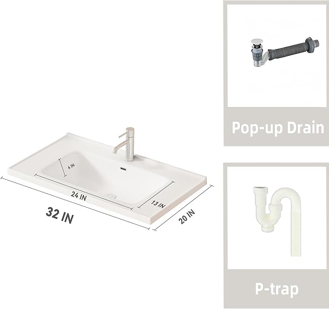 32'' Bathroom Vanity with Ceramic Sink Combo, Wall Mounted Small Bathroom Vanity with Soft-Close Door Modern Floating Cabinet, Pop-up Drain, P-Trap Included, Walnut(No Faucet)