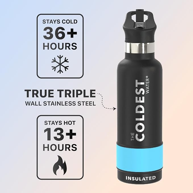 Coldest Water Bottle with Standard Mouth Straw Lid Metal Thermos Vacuum Insulated Stainless Steel l Reusable Leak Proof Cupholder Flask (12 oz, Stealth Black)