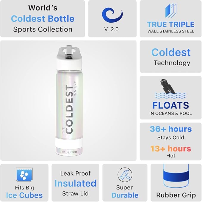 Coldest Sports Water Bottle with Straw Lid Vacuum Insulated Stainless Steel Metal Thermos Bottles Reusable Leak Proof Flask for Sports Gym (24 oz, Cosmic Ice Glitter)