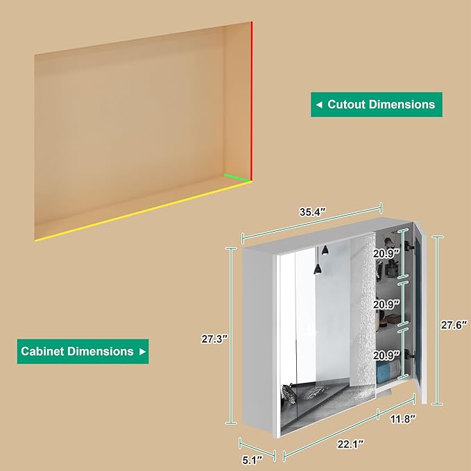 36x28 Medicine Cabinet with Light, AL Alloy Frame, Full-Assembled Bathroom Mirror Cabinet with Brightness Adjustable and Storage, Led Medicine Cabinet Mirrored with Recessed or Wall Mount, Sliver