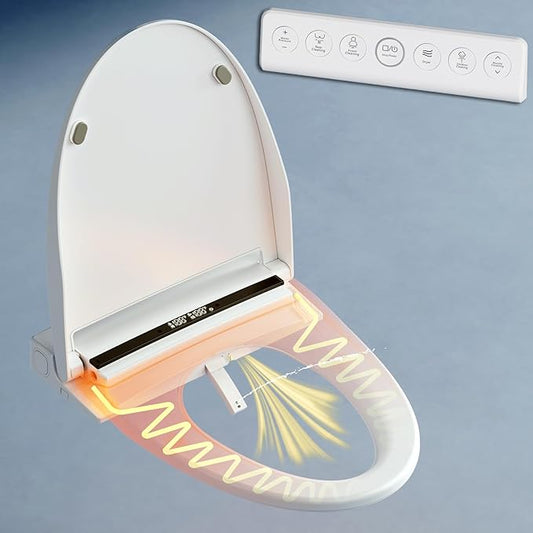 Electric Bidet Toilet Seat with Warm Water, Heated Bidet Attachment for Toilet with Dryer, Self Cleaning Elongated Bidet Seat with Remote Control, Black Temp. Display.