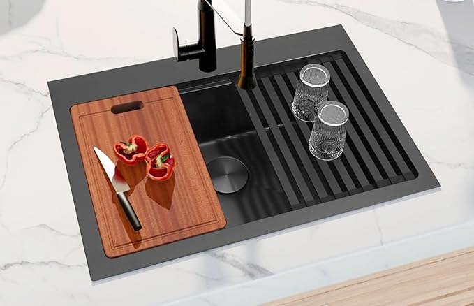 Drop In Black Kitchen Sink,Stainless Steel Sink 16 Gauge,Single Bowl Workstation Sinks (Black, 28" X 22")