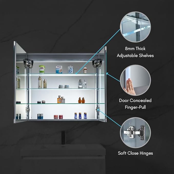 Blossom LED Mirror Medicine Cabinet with Lights, 36x32 Inch | Wall Mounted LED Lighted Bathroom Medicine Cabinet | Recessed or Surface with Defogger, 3 Color Dimmer | Makeup Mirror with Lights