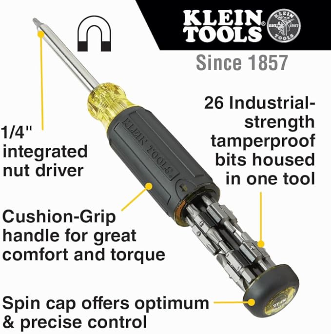 Klein Tools 32307 Multi-bit Tamperproof Screwdriver, 27-in-1 Tool with Torx, Hex, Torq and Spanner Bits with 1/4-Inch Nut Driver