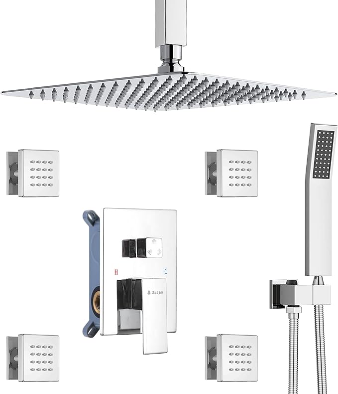 Polished Chrome Shower System with 4 PCS Shower Body Spray Jets & 12’’ Ceiling Shower Head & Handheld Spray, DASAN Full Body Shower Faucet System with Jets Rainfall Shower Combo Set, SA-SS03BCH-S12C