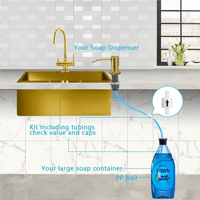 Soap Dispenser for Kitchen Sink, Countertop Sink Soap Dispenser Pump, 47" Silicone Extension Tube Connect to The Soap Bottle Directly, Say Goodbye to Frequent Refills (Golden)