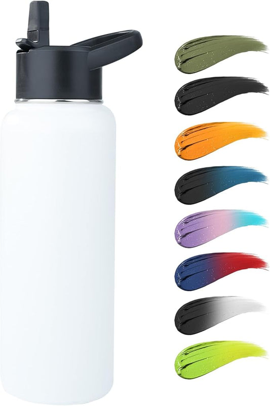 Stainless Steel Water bottle with Straw & Wide Mouth Lid, Wide Rotating Handle, 40oz Double Wall Vacuum Insulated Water Bottle Leak Proof, BPA Free, Keep Cold and Hot, 40oz, White