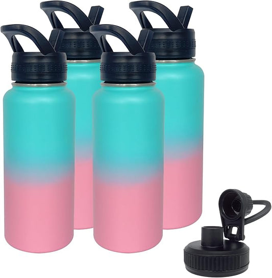 4pack 32 oz Insulated Water Bottle With Straw, Stainless Steel Sports Water Cup Flask with 2 Lids, Wide Mouth Travel Thermal Mug,Pink gradient