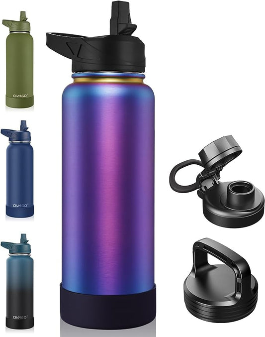 CIVAGO 40 oz Insulated Water Bottle With Straw, Stainless Steel Sports Water Cup Flask with 3 Lids (Straw, Spout and Handle Lid), Double Walled Travel Thermal Canteen Mug, Dark Aurora