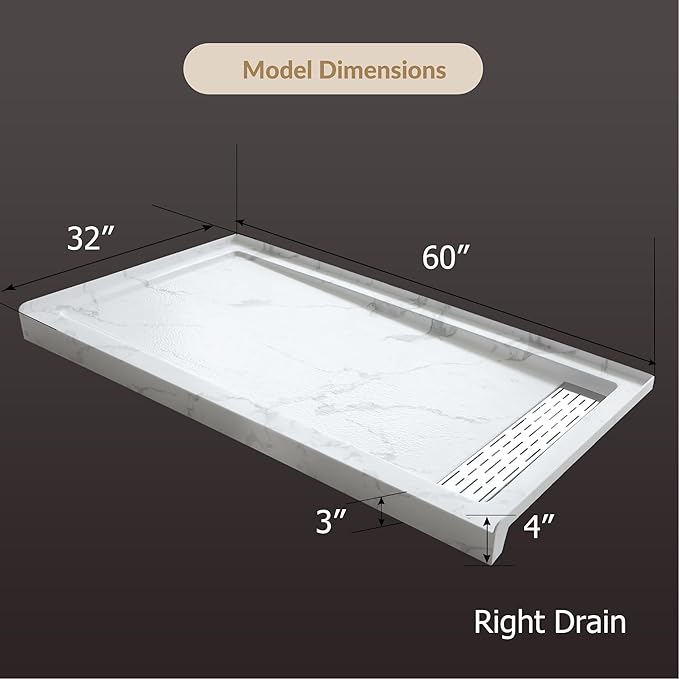 MORVANO 60 x 32 Shower Base with Single Threshold Rectangular Right Drain Location Shower Base,Shower Pan With Stainess Steel Cover,Marble White Acrylic Shower Base