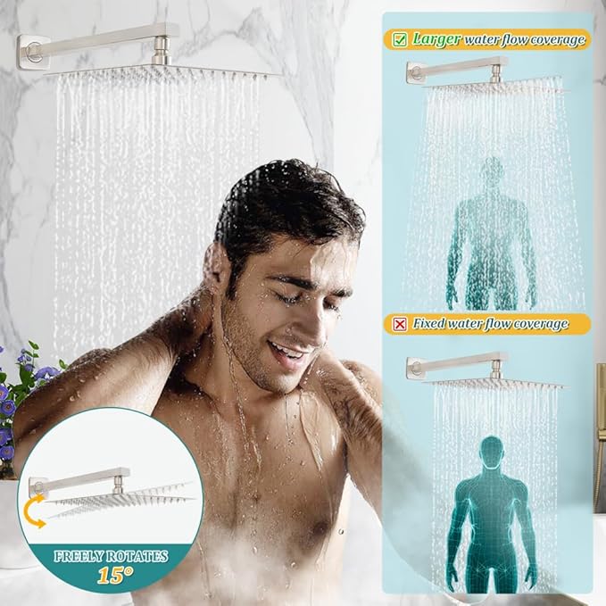 1Pc 304 Stainless Steel Shower Faucet Set, Rain Shower Head with Handheld Spray, Square Shower Head with 3 Setting Handheld Combo and Brass Valve Kit (Brushed Nickel, 10 Inch Rain Shower Head)
