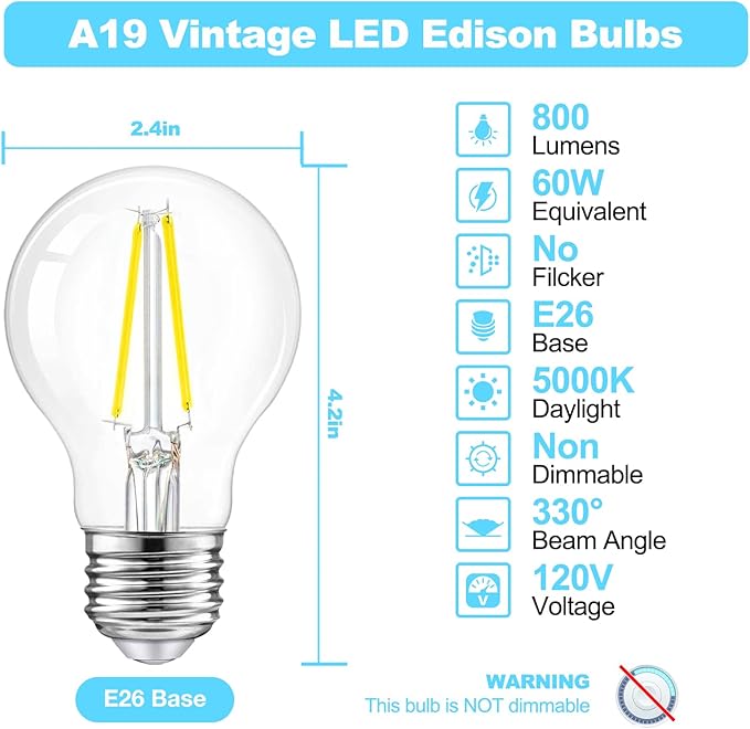 dalattin A19 Vintage LED Edison Bulbs, 60W Equivalent Light Bulbs, 5000K Daylight White, Clear Glass Filament Bulb, Efficient 8W, E26 Base, 800 LM, CRI80+, Non-Dimmable for Home, Farmhouse, 6 Pack