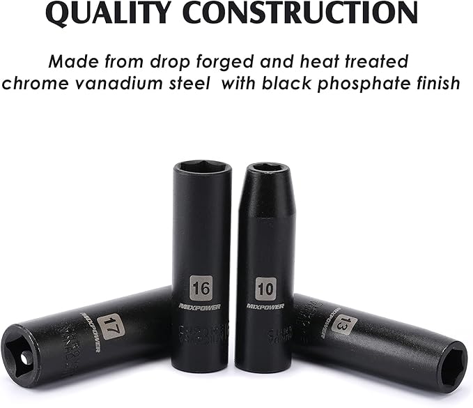 MIXPOWER 11-Piece 1/2-Inch Drive Deep Impact Socket Set, CR-V, Metric, 6 Point, Deep, 10-24mm