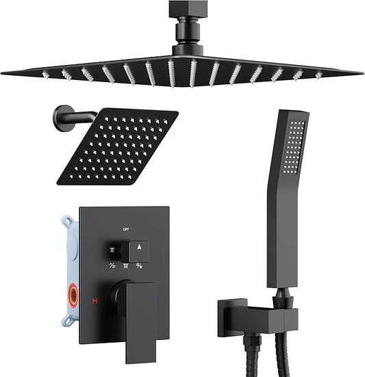 Shower Systems Shower Faucet Sets Matte Black, STARBATH 12+6" Dual Rain Shower Head with Handheld Spray for Two People, Ceiling Mount 3 Way Rainfall Shower Valve with 5 Diverter and Trim Kit Complete