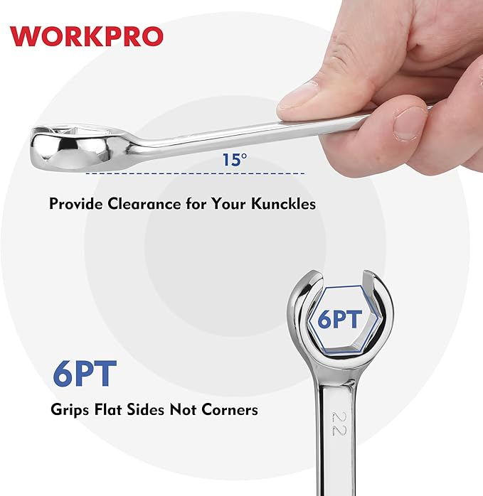 WORKPRO 4-Piece Flare Nut Wrench Set, Metric Brake Line Wrenches 10, 12, 13, 14, 15, 17, 19, 22mm, Cr-V Steel, 15° Offset Head Tubing Wrench, Organizer Pouch Included