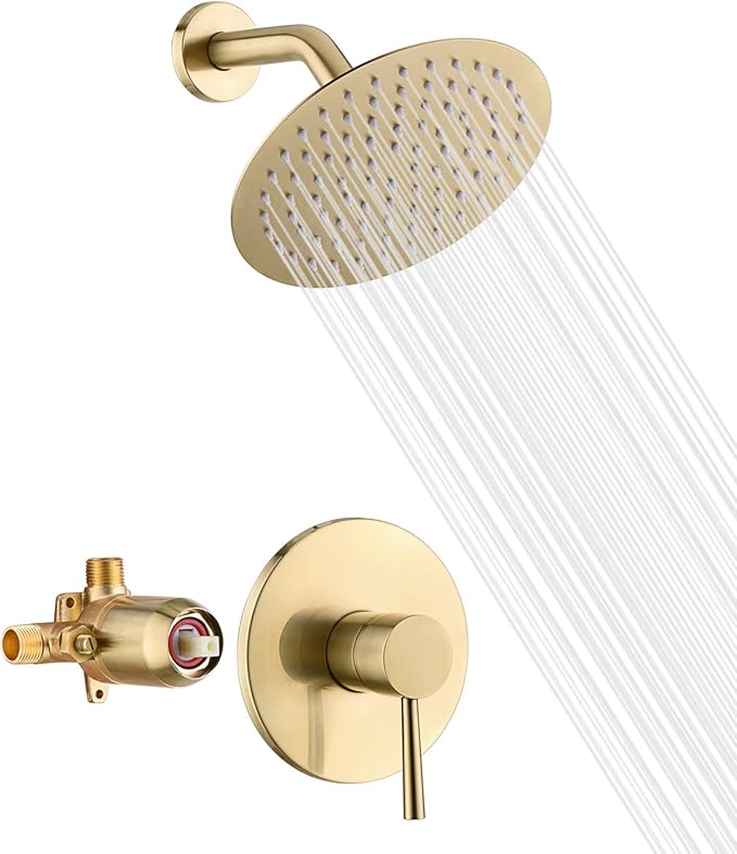 sumerain Shower Faucet Set Brushed Gold, Anti-scald Pressure Balance Valve, 8 Inches Extra-thin Rain Shower Head, with Non-return Check Valves