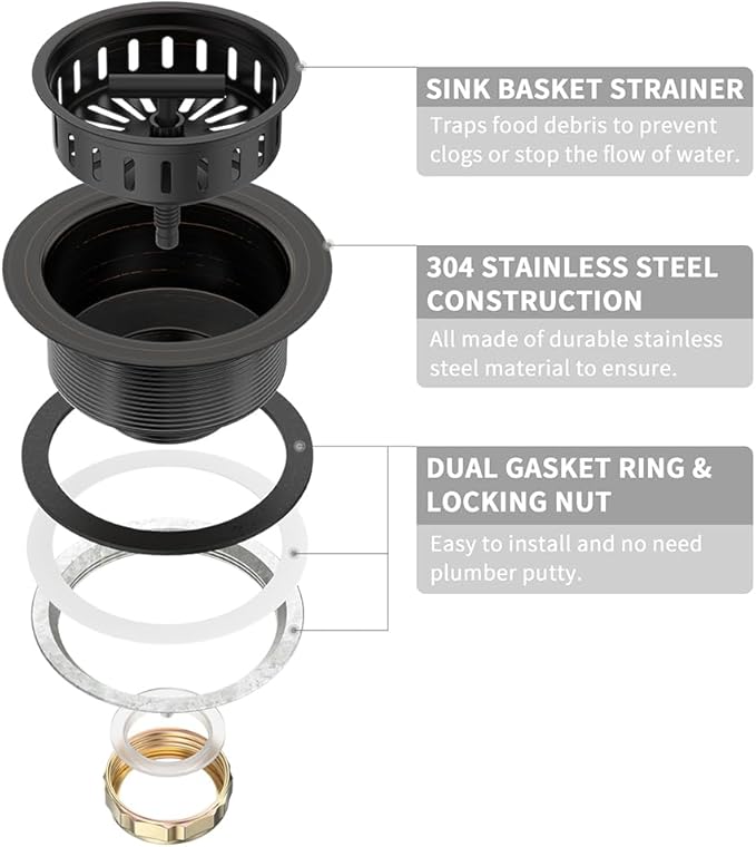 KONE 3-1/2 Inch Bronze Kitchen Sink Drain Assembly Kit - Oil Rubbed Bronze Stainless Steel with Strainer Basket/Drain Stopper