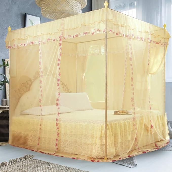 Luxury Princess 3 Side Openings Post Pink Bed Curtains,Four Corner Bedding Bed Canopy net for Bed Princess Bed Girls Room(No Bracket) (Yellow)