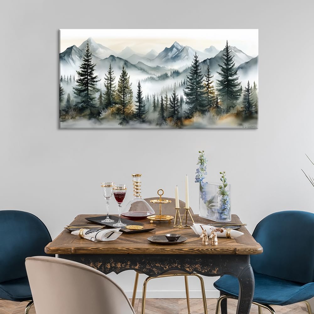 LASMOND Watercolor Forest Wall Art for Living Room Modern Mountain Canvas Painting Prints Foggy Woods Bedroom Landscape Office Wall Art Decor (40x20 Inches)