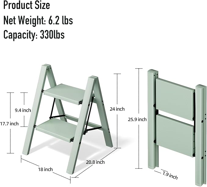 2 Step Ladder,Aluminum Folding Step Stool for Adults,Step Ladder with Wide Anti-Slip Pedal,330 lbs Capacity for Home,Office,Kitchen,Library(Green)