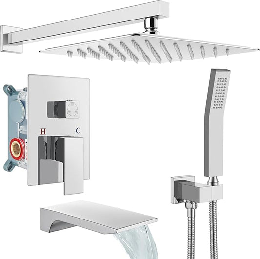 gotonovo Shower System with Tub Spout,Waterfall Tub Shower Faucet Set for Bathroom Head and Handle Set Wall Mounted 3 Function Rough-in Valve and Trim Included 10 inch Shower Head Polished Chrome