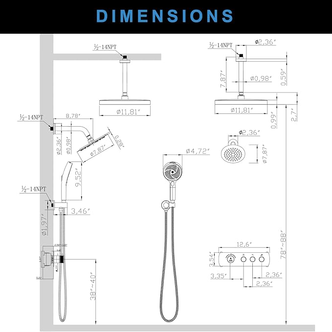 Shower System Brass Thermostatic Shower Faucet Set With Valve and Diverter Shower Mixer with 2 Rain Shower Head and Multi-function Handheld Head(Matte Black)