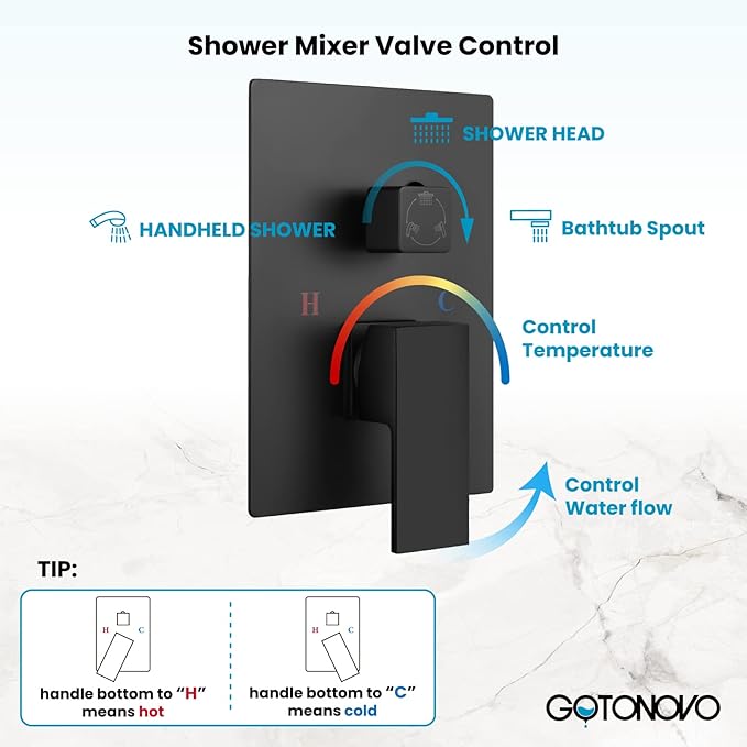 gotonovo Rainfall Tub Shower Faucet Set Bathroom Shower System with Tub Spout Wall Mount Square High Pressure Shower Fixtures with Handheld Sprayer Rough-In Valve 8'' Shower Head,Matte Black