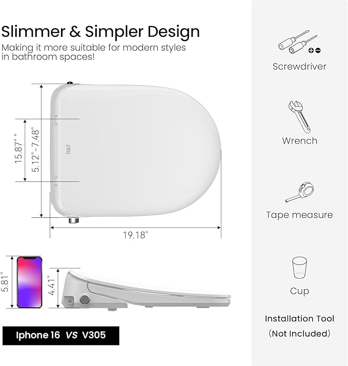 R&T V305 Round Bidet Toilet Seat, Electri Bidet Seat with Adjustable Warm Water, Air Dryer, Heated Seat, Night Light, Deodorization
