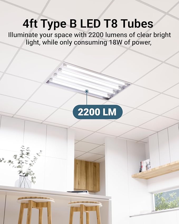 Sunco 50 Pack T8 LED Bulbs 4 Foot, LED Fluorescent Tube Replacement, 4ft LED Tube Light, Ballast Bypass, 2200 LM, 18W, 4000K Cool White, Single Ended Power, Clear Lens, UL