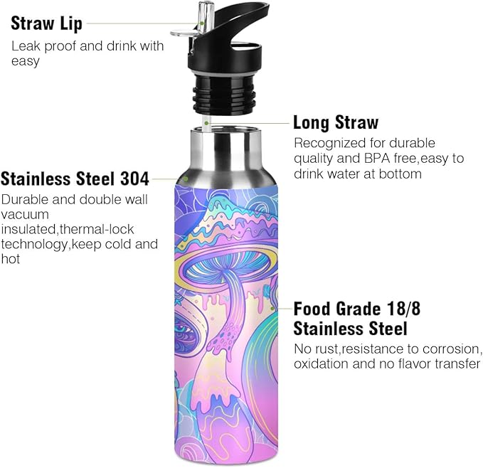 Magic Mushrooms Water Bottle with Straw Lid for Fitness Gym Camping Outdoor Sports, Wide Mouth Vacuum Insulated 18/8 Stainless Steel, 22 oz