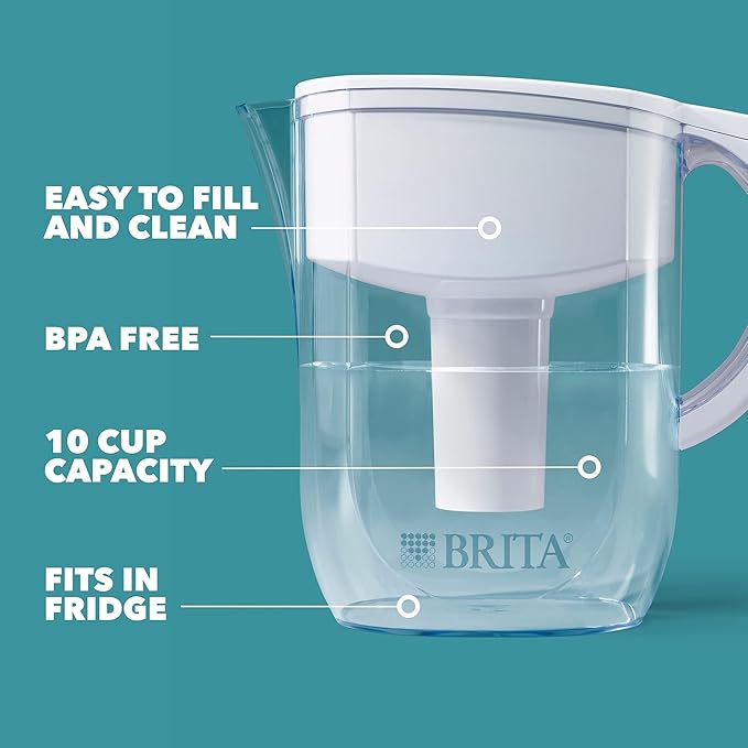 Brita Large Water Filter Pitcher, BPA-Free Water Pitcher, Replaces 1,800 Plastic Water Bottles a Year, Lasts Two Months or 40 Gallons, Includes 1 Filter, 10-Cup Capacity, Bright White