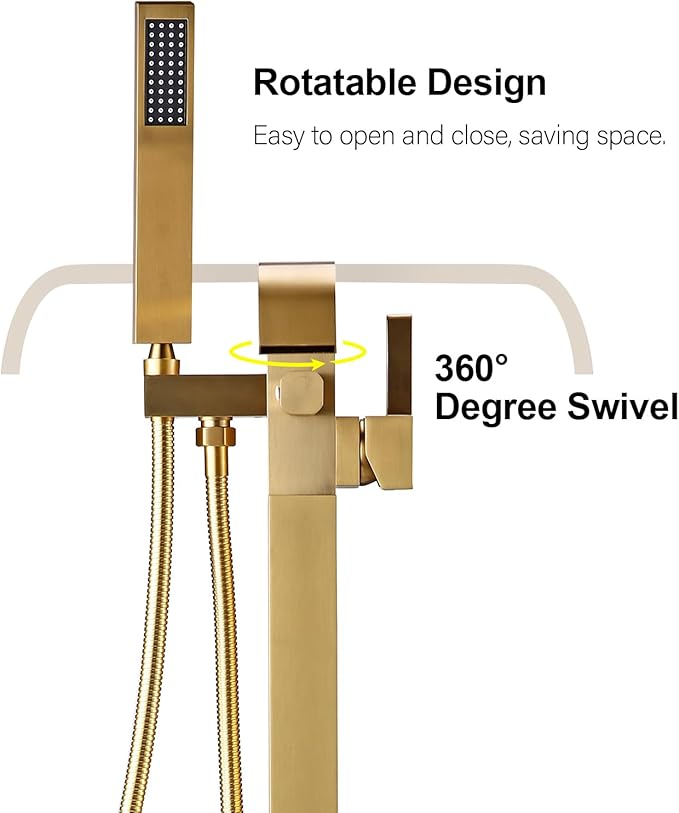 BAGNOLUX Solid Brass Floor Mount Bathtub Faucet Free Standing Tub Faucet Freestanding Tub Filler Brushed Brass High Flow Rate Swivel Spout with Hand Shower, ‎YGSLT-FANG-Brushed Brass11