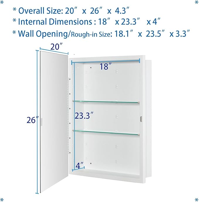 Bathroom Medicine Cabinet with Beveled Edge Mirrored Door 20 x 26 inch, Recessed or Surface Mount, with Adjustable Glass Shelves
