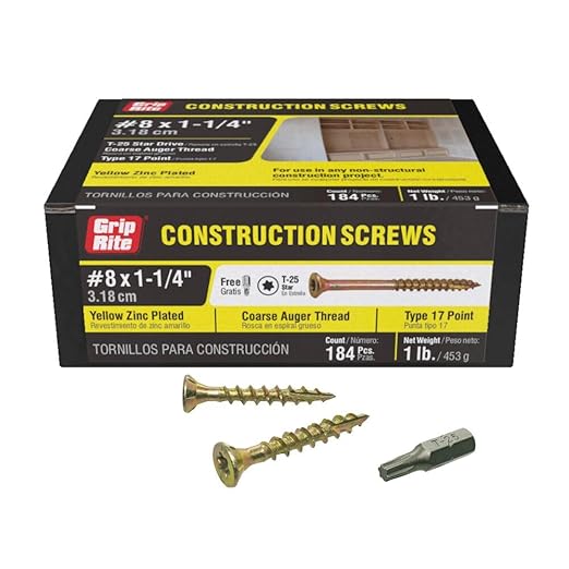 Grip Rite Prime Guard 114GCS1 T25 Star Drive Construction Screws with Type 17 Tip 1-Pound Box, 8 by 1-1/4"