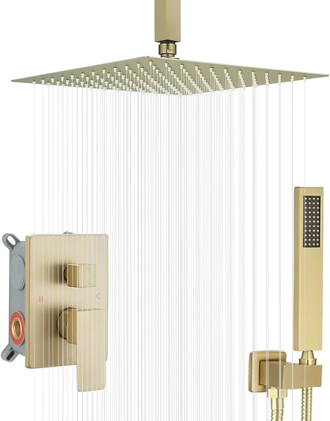 12 Inch Ceiling Mount ‎Brushed Gold Shower System Bathroom Luxury Rain Mixer Shower Combo Set Ceiling Rainfall Shower Head System (Contain Shower Faucet Rough-in Valve Body and Trim)