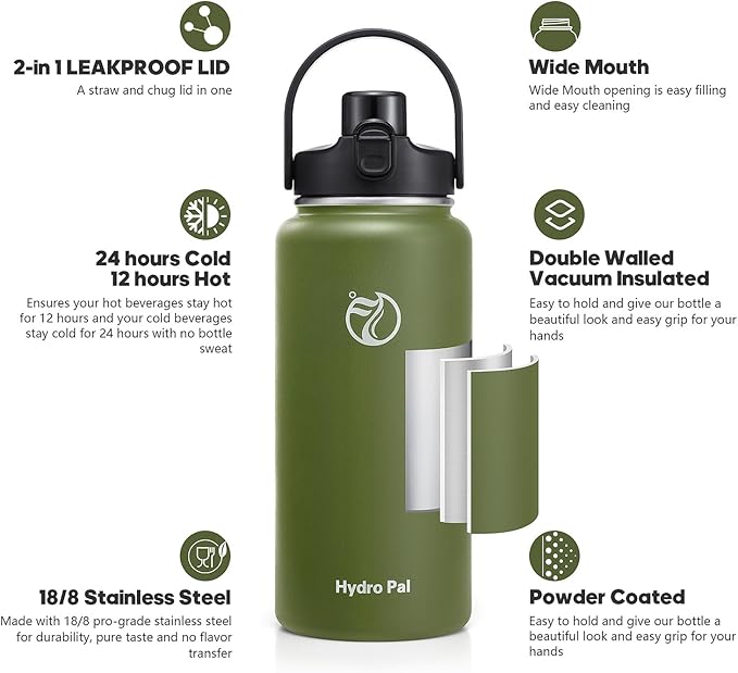 Half Gallon Insulated Water Bottle with 2-in-1 Lid (Chug Lid/Straw Lid), 40/64oz Double Walled Vacuum Stainless Steel Water Bottles, Water Jug with Straw