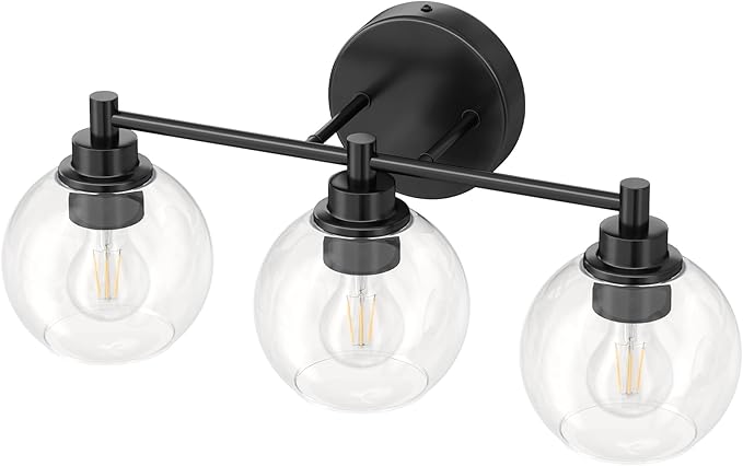 VONLUCE Bathroom Light Fixtures, 3-Light Vanity Light with Globe Glass Shades E26 Sockets, Bathroom Lights Over Mirror for Bedroom Hallway Living Room, Black Finish