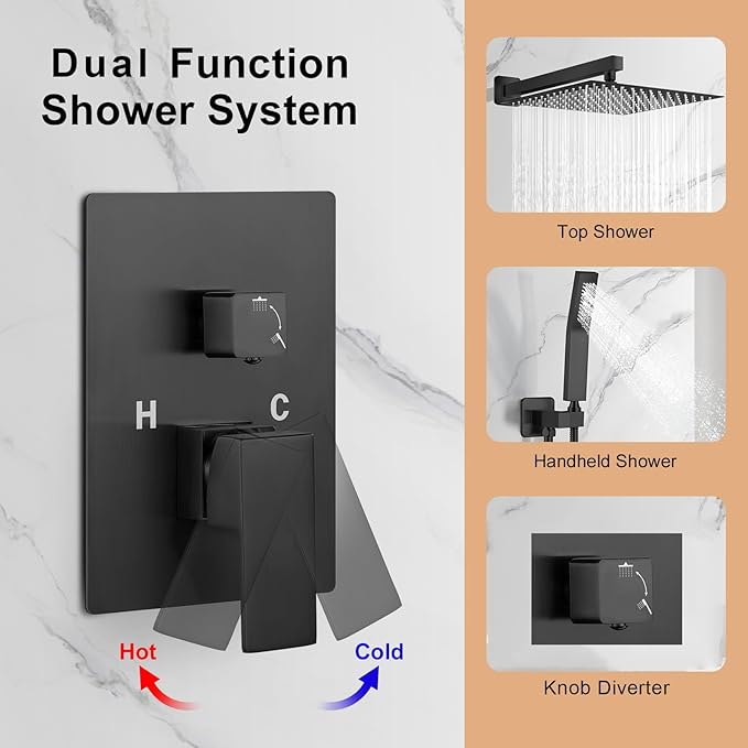 JOMEOO® 12 Inch Matte Black Shower System, Wall Mounted High Pressure Rain Shower Head with Handheld Sprayer, Bathroom Luxury Black Shower Head Shower Faucet Set Rough in Valve Body and Trim